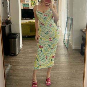 AFRM 🍒 Checkered Cherry Mesh MIDI Dress